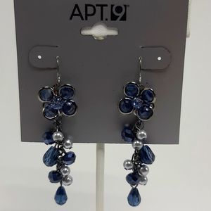 NWT Apt. 9 Kohls Dark Blue Crystal Floral Dangle Earrings with Grey Pearls